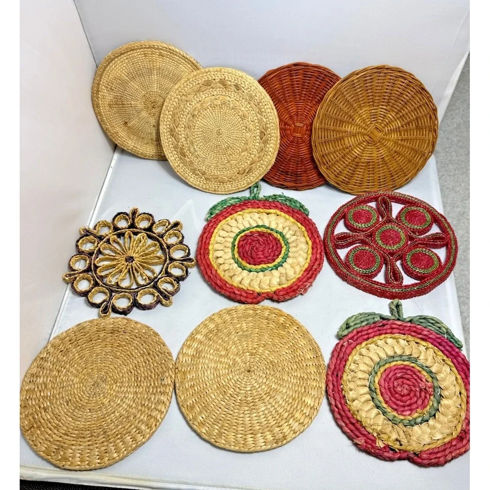 Vintage Raffia Straw Wicker Rattan Trivet Hot Pad Wall Decor Boho Lot Of 10